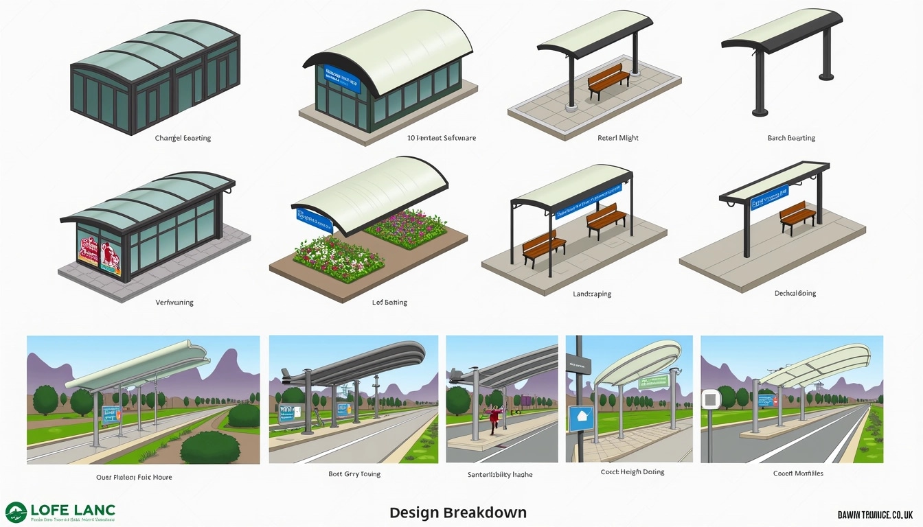 **Design Breakdown:**
1. **Structure & Roofing:**
- **Original:** Arched roof with a transparent covering.
- **Change:** Domed roof design made from opaque material, with ventilation slits.
2. **Color Scheme:**
- **Original:** Dark green and white accents.
- **Change:** Soft gray and light blue tones.
3. **Signage:**
- **Original:** Blue rectangular sign with station name in multiple languages.
- **Change:** Circular sign displaying only the station name in a single, bold font.
4. **Bench Design:**
- **Original:** Metal benches with back support.
- **Change:** Wooden seating without back support, arranged along the platform.
5. **Landscaping:**
- **Original:** Sparse green shrubbery.
- **Change:** Flower beds with colorful blooms and small trees.
6. **Lighting:**
- **Original:** Bright, industrial-style overhead lights.
- **Change:** Soft LED lights integrated into the roof structure for ambient lighting.
7. **Platform Surface:**
- **Original:** Concrete flooring.
- **Change:** Textured pavers for better grip and aesthetics.
8. **Accessibility Features:**
- **Original:** Standard signage with icon indications.
- **Change:** Simplified icons and tactile surfaces for easier navigation.
9. **Surrounding Environment:**
- **Original:** Urban backdrop.
- **Change:** Natural landscape with distant hills and a winding path.
This revised design maintains the essence of a transport station while incorporating new features and aesthetics.