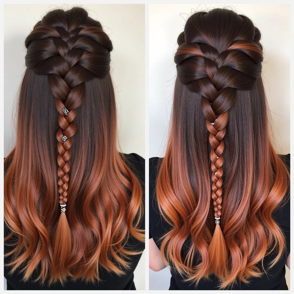 Create a hairstyle design featuring intricate cornrow patterns that resemble floral shapes at the crown. Use a gradient color scheme with shades of auburn transitioned into dark brown. Replace the long, straight sections with shorter, twisted braids that curl slightly at the ends. Add subtle decorative elements like small beads or hair cuffs dispersed throughout the braids, and remove any logos or brand references from the image.