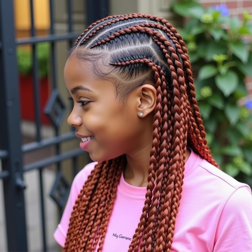 Create a hairstyle design featuring intricate cornrows with a geometric pattern, incorporating a star shape instead of a heart. The hair should be styled in a way that includes multiple thick and thin braids, with some braids falling freely and others pulled back tightly. Change the color of the braids to a rich auburn, and remove any visible brand logos or texts from the clothing. The background should feature a more colorful garden setting instead of a metal gate.