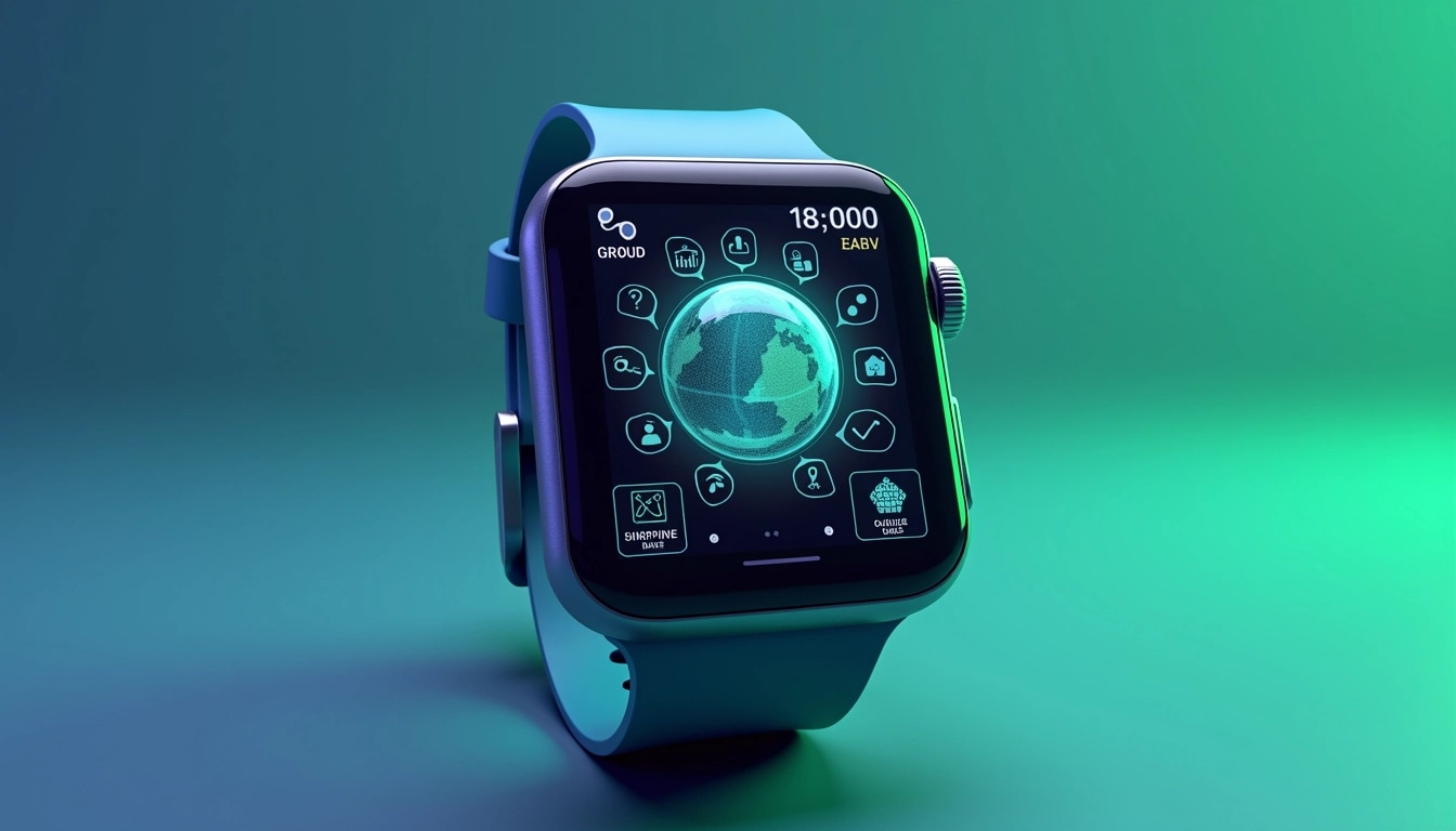 Create a futuristic smartwatch design featuring a sleek, rounded rectangular screen. Instead of a visible globe, include a holographic display with floating data panels depicting various apps and functionalities. Change the color scheme to vibrant blues and greens, and use a minimalist strap design. Design the interface to include stylized icons representing health tracking, navigation, and communication without any brand logos.