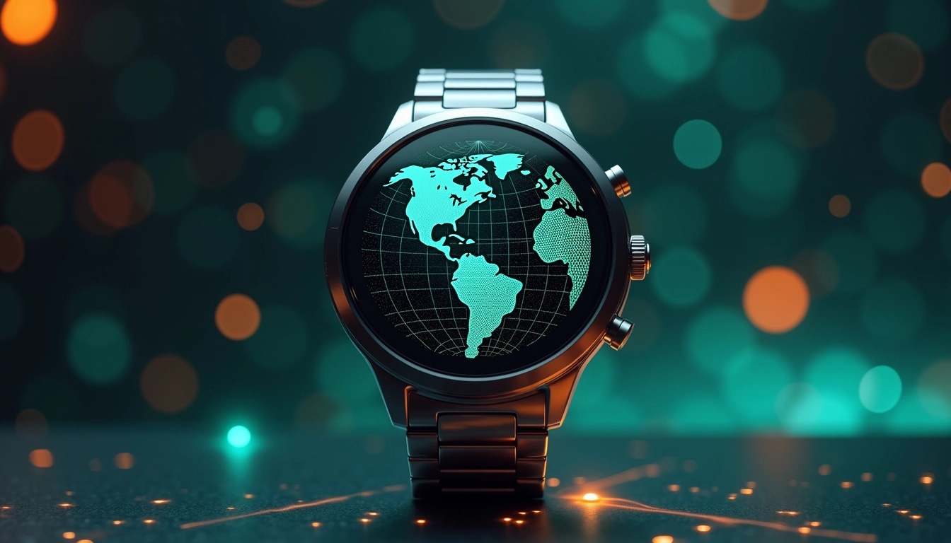 Design a futuristic smartwatch featuring a holographic globe display that symbolizes digital connectivity. The watch should have a sleek, matte black casing with a textured silver or metallic band, and use vibrant teal and orange accents for the display. The digital interface should showcase geometric patterns, without any specific brand logos or names. Include subtle ambient lighting effects in the background that enhance the high-tech feel, and replace standard icons with abstract shapes to convey various functionalities like health tracking and notifications.