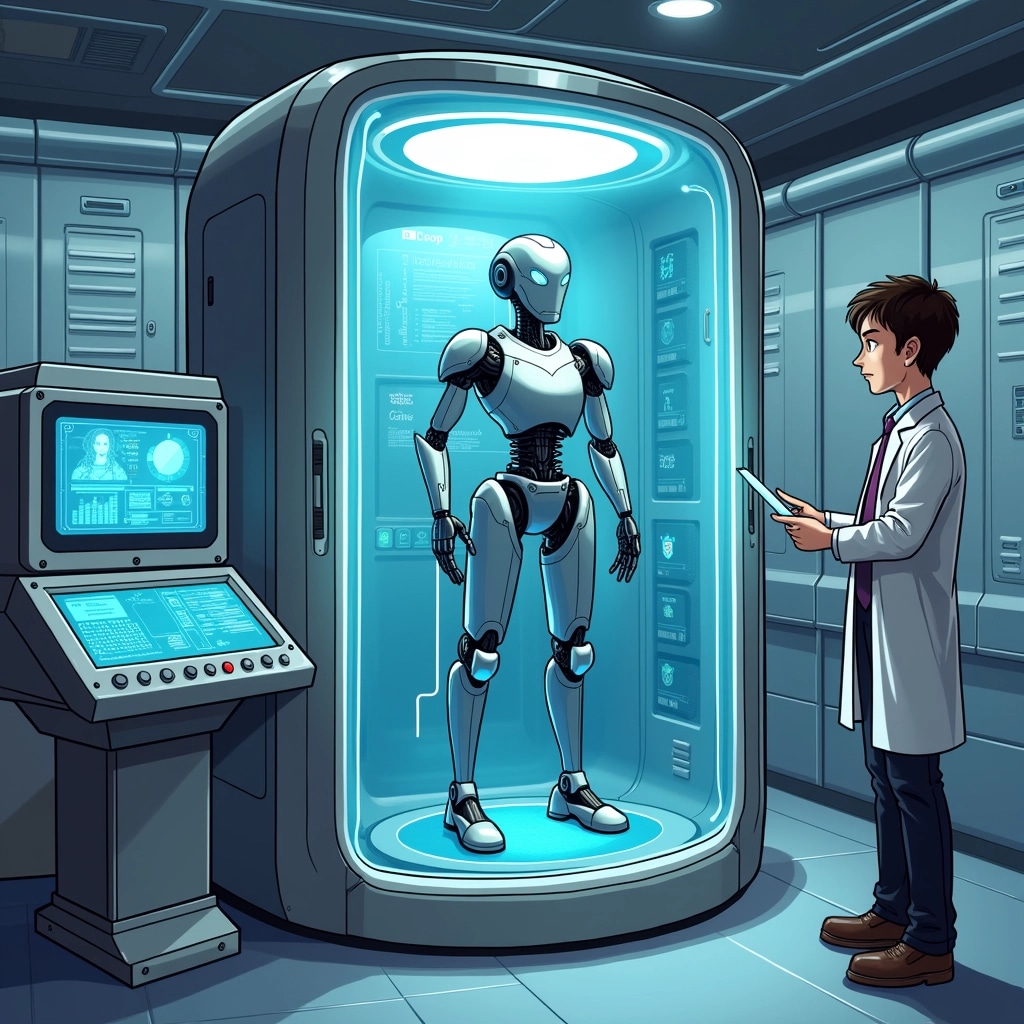 **Design Breakdown Prompt:**
1. **Setting**: A futuristic laboratory with high-tech equipment and a sleek, metallic aesthetic.
2. **Main Elements**:
- **Background**: Replace the glass containment unit with a transparent pod that resembles a medical chamber, equipped with various monitors displaying data.
- **Character**: Change the figure inside the pod to a humanoid robot in a standing position, with intricate circuits visible.
- **Operator**: Alter the character in front of the control panel to a young scientist wearing a lab coat and glasses, focused on a holographic interface.
3. **Color Scheme**: Use a cooler palette with blues and silvers, creating a more sterile and scientific atmosphere.
4. **Controls**: Modify the control panel design to feature a touchscreen interface with glowing icons instead of buttons, emphasizing a modern technological feel.
5. **Lighting**: Introduce dynamic LED lighting around the pod and panel to accentuate the advanced technology.
6. **Text Bubble**: Instead of a speech bubble, include a data display screen showing diagnostics and status updates.
This design retains the futuristic theme while offering a fresh perspective and new character dynamics.