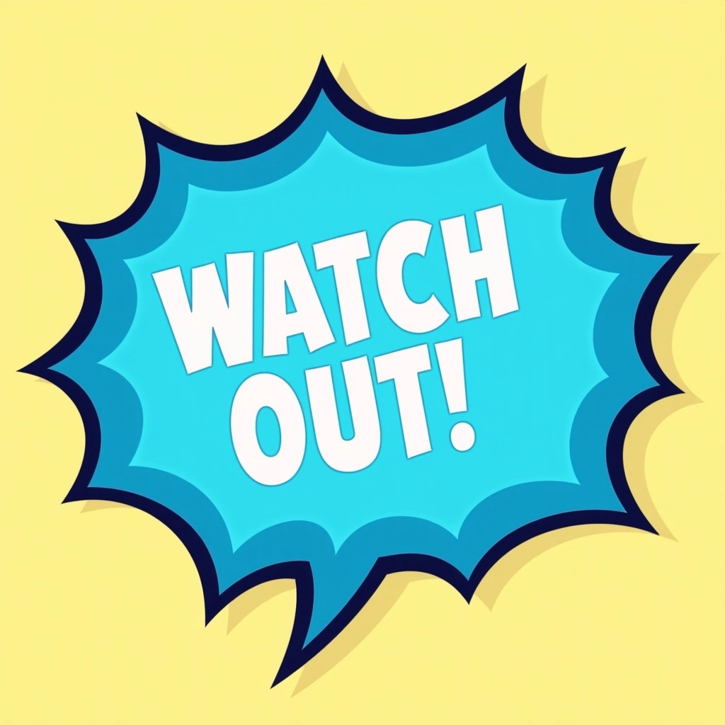 Create a speech bubble with a jagged edge instead of a smooth outline. Use a bright blue color for the bubble and replace the text "Bandits!" with "Watch Out!" in bold white font. Adjust the font style to a playful, cartoonish typeface.