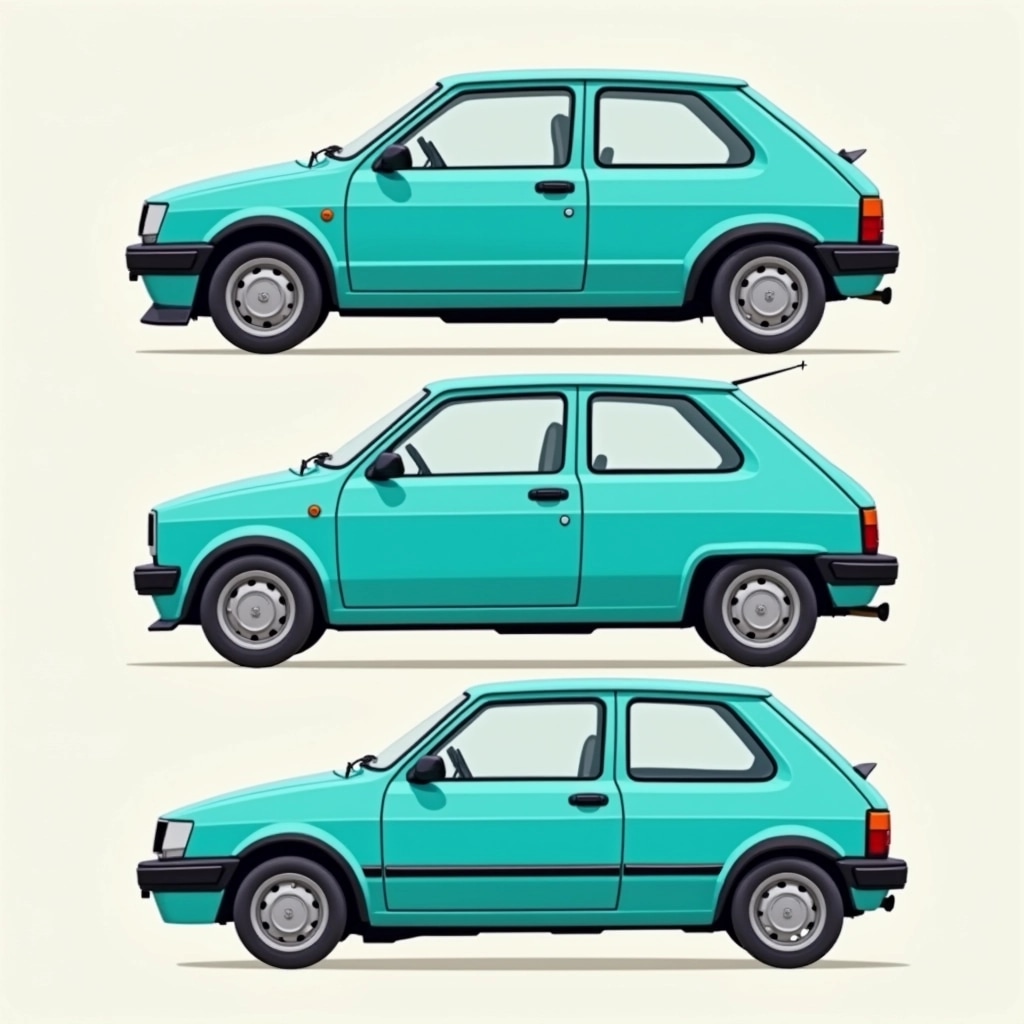 Design three stylized hatchback cars in a vibrant turquoise color, showcasing a clean, modern aesthetic.
1. **Car Design 1**: A classic, compact model with rounded edges, sloping roof, and a low body. Replace the intricate wheel design with simple, sleek alloy wheels.
2. **Car Design 2**: A slightly more angular shape with a larger rear window and a sporty front bumper. Alter the stance to a more subtle lowered height and add smooth, minimalist spoke wheels.
3. **Car Design 3**: A contemporary hatchback with a more aggressive front end, featuring a pronounced grille and angular headlights. Modify the rear to include a subtle integrated spoiler and streamlined rear lights.
Place all three designs side by side against a neutral background, with a focus on their distinct profiles while maintaining a cohesive color palette.