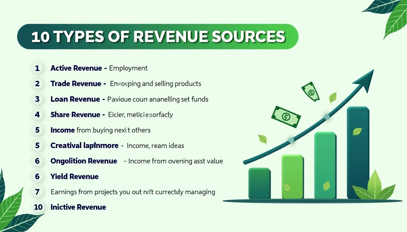 **10 Types of Revenue Sources**
1. **Active Revenue** - Income from employment.
2. **Trade Revenue** - Income from buying and selling products.
3. **Loan Revenue** - Income from lending funds.
4. **Creative Revenue** - Income from ideas used by others.
5. **Share Revenue** - Income from owning shares.
6. **Rental Revenue** - Income from leasing a property.
7. **Appreciation Revenue** - Gains from increasing asset value.
8. **Ongoing Revenue** - Payments received continuously.
9. **Yield Revenue** - Income from digital asset investments.
10. **Inactive Revenue** - Earnings from projects you’re not currently managing.
*Visual Elements:*
- Use a clean, modern font with bold headings.
- Include icons that represent each type of income next to the descriptions.
- Consider using a color palette with greens and blues for a financial theme.
- Add upward arrows to symbolize growth and progression.
*Layout:*
- Arrange the items in a numbered list format.
- Maintain ample white space for clarity and readability.