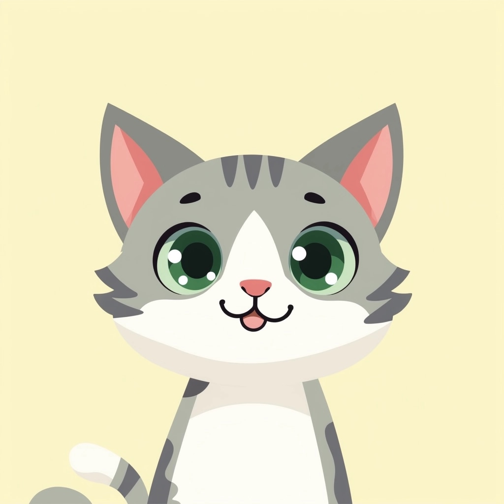Create a simplified, cartoon-style illustration of a playful cat's face. Change the color scheme to a soft gray and white, giving it large, expressive green eyes. Instead of floppy ears, depict upright ears with rounded tips. The background should be a light pastel yellow, and replace the smile with a subtle, playful smirk. Ensure no specific brand references are included.