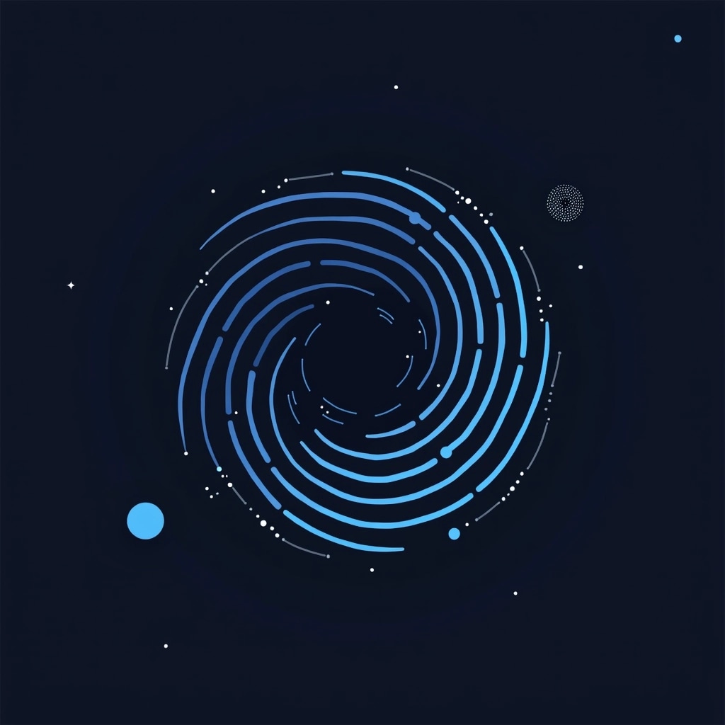 Create a design featuring a series of concentric curves and intersecting lines that form a spiral pattern. Use a dark navy background instead of black and opt for a lighter shade of blue for the lines instead of white. Add a grid pattern with a slightly larger scale to create depth, and introduce a few circular elements that punctuate the design at varying angles. Remove any brand motifs or references to give it a more abstract feel.