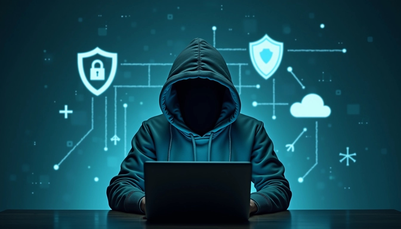 Create an image featuring a mysterious figure with a hooded sweatshirt seated at a desk, focused on a glowing laptop screen. The background should be a deep blue with abstract digital patterns, including floating icons symbolizing security and data connections, such as a shield and cloud with arrows. Ensure the figure's face remains obscured in shadow, emphasizing a sense of anonymity and intrigue. Adjust the color scheme to include shades of teal and dark gray while removing any brand identifiers or logos.
