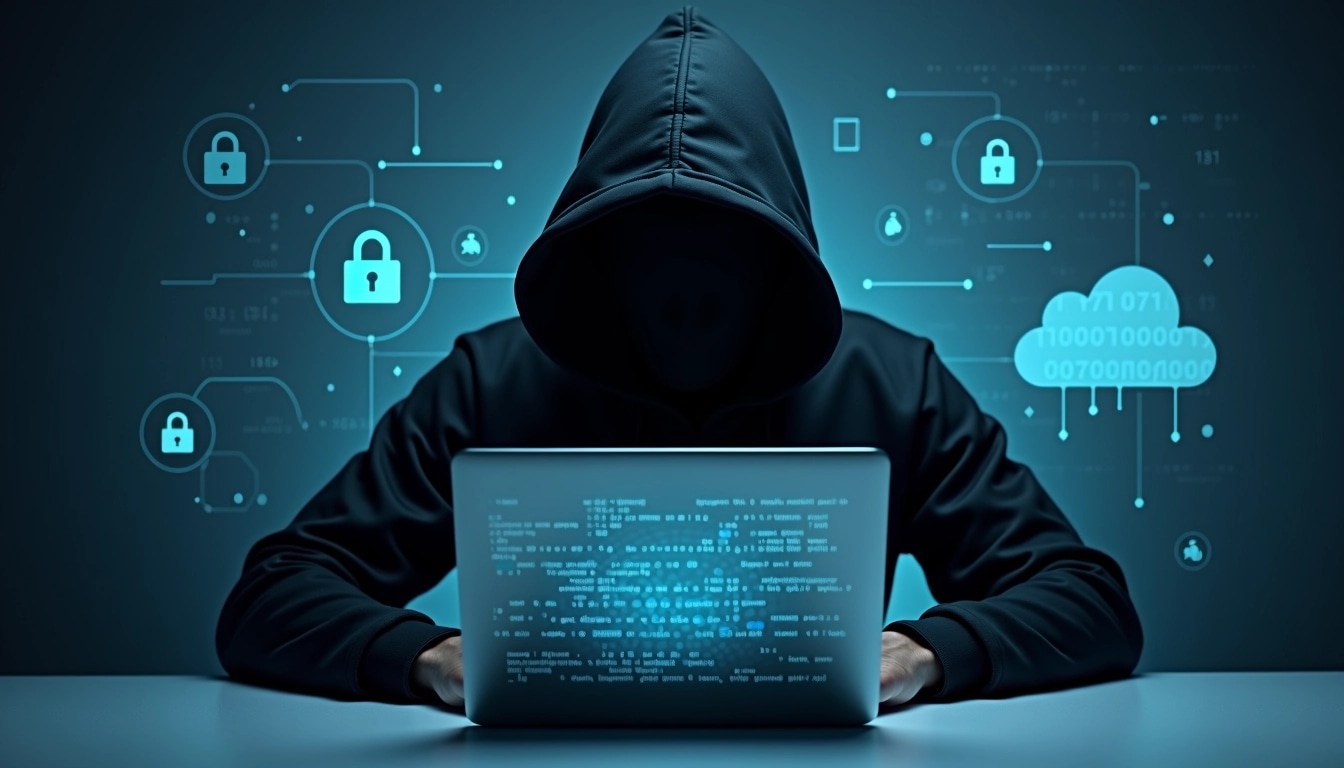 Create an image featuring a mysterious figure dressed in a dark, oversized hoodie, seated at a modern laptop. The figure's face is obscured, maintaining a sense of anonymity. The background is a gradient of deep blues and blacks, with abstract digital symbols like binary code, padlocks, and cloud icons subtly integrated, creating a tech-centric environment. The figure's hands rest on the laptop, and the focus is on the glowing screen that reflects hints of data and graphics. Remove any brand references or logos.