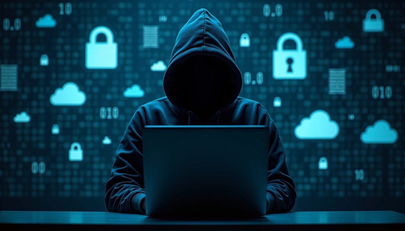 Create an image of a shadowy figure sitting at a laptop in a dark, tech-themed environment. The figure is partially obscured by a hooded sweatshirt, with their face hidden in shadow. The background features abstract digital elements like binary code, glowing locks, and cloud icons, suggesting themes of cybersecurity. Use a cool color palette dominated by blues and blacks. Remove any brand logos or names, focusing instead on the mysterious atmosphere and digital elements.