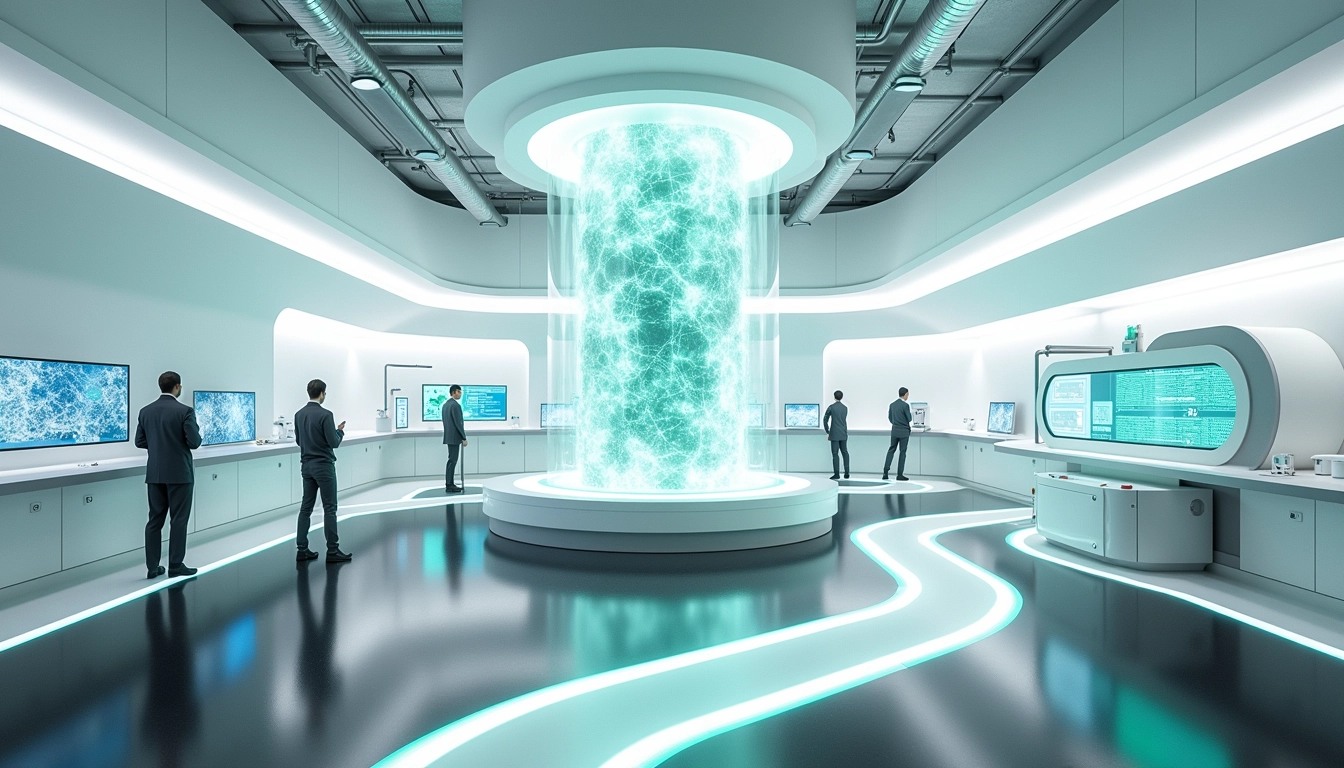 **Design Breakdown Prompt:**
Create a futuristic laboratory space characterized by sleek, minimalist architectural elements. The room should have smooth white walls and bright ambient lighting, with a large transparent cylindrical structure at its center, surrounded by intricate tubes and machinery.
Replace the high-tech medical equipment with less traditional devices that hint at advanced scientific exploration, like holographic displays and interactive panels.
Incorporate a large, glossy black floor with illuminated pathways leading to various sections. Change the human figures to stylized, abstract representations, maintaining a sense of activity and purpose without specific roles.
Integrate soft blue and green accent colors to enhance the modern feel, while ensuring the overall atmosphere remains sterile and professional. Remove any brand identifiers or logos from the design.