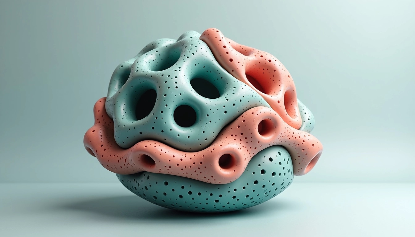 Create an abstract sculpture reminiscent of organic forms, featuring rounded, bubble-like structures in a gradient of teal and coral colors. The design should showcase intricate patterns of holes and textures throughout the surface, giving it a three-dimensional appearance. Change the overall shape to be slightly more elongated and centralize the bigger bubbles around the top, while keeping a smooth, matte finish. The background should be a soft gradient transitioning from light grey to deep blue, enhancing the sculpture's vibrant colors.