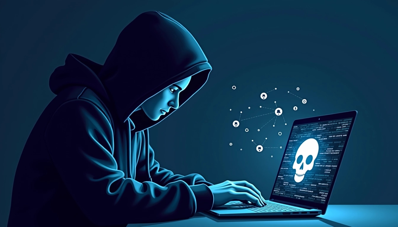 Create an illustration featuring a shadowy figure in a hooded sweatshirt, focused on a glowing laptop. The background should be a gradient of dark blue. Replace tech icons with abstract representations of cybersecurity elements, such as stylized locks, digital code, and a generic virus symbol. Ensure the laptop screen displays a skull icon, and modify the figure’s facial features to be less defined, emphasizing anonymity. Add a circuit pattern overlay in a lighter shade for a more futuristic feel.