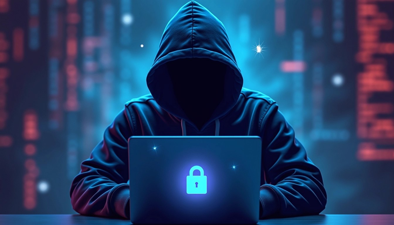 Design a digital artwork featuring a shadowy figure in a hooded sweatshirt sitting in front of a glowing laptop. Instead of the original elements, incorporate abstract geometric shapes and symbols representing cybersecurity, such as a shield, a lock, and a bug. Use a color palette of deep blues and purples, with light effects to highlight the figure’s face and the laptop screen, giving it a mysterious vibe. The background should include blurred code snippets and digital patterns for a tech-inspired atmosphere, without any brand logos or references.