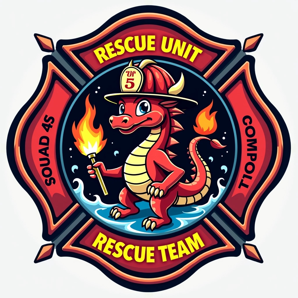Create a badge design featuring a mythical creature such as a dragon wearing a firefighter helmet. The dragon should be depicted holding a water hose in one claw and a flame in the other, surrounded by decorative elements like flames and water waves.
Incorporate a circular layout with a bold outline and place the text "RESCUE UNIT" at the top. Include two sections for squad identification, one on each side, labeled "SQUAD 45" and "COMPANY 12". At the bottom, replace the "ENGINE" terms with "RESCUE TEAM". Use vibrant colors like deep reds, blues, and golds to maintain an engaging look while ensuring it remains unique and free of brand references.