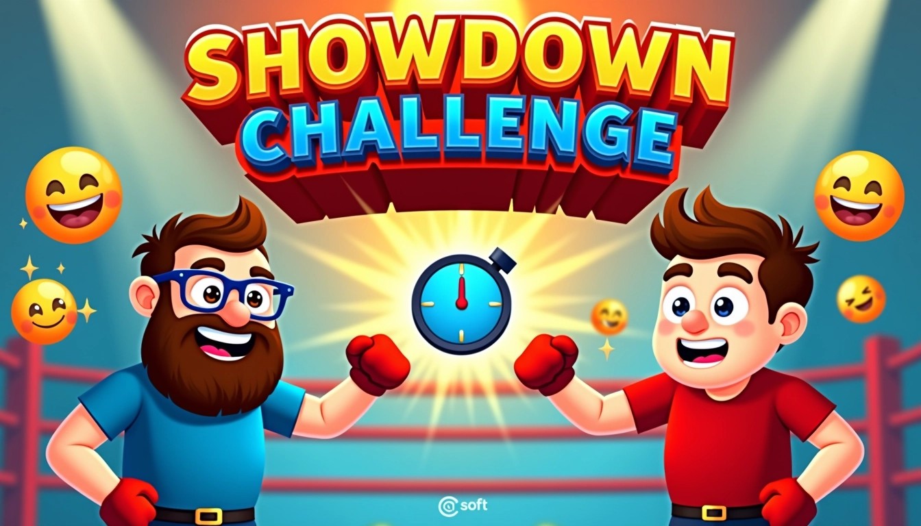 ### Image Design Breakdown
1. **Background**:
- Replace the boxing ring with a colorful, abstract pattern that gives a lively vibe.
2. **Title**:
- Change "CHAPRI GUNDA" to a catchy phrase like "SHOWDOWN CHALLENGE" in bold, dynamic fonts.
3. **Characters**:
- Keep two animated cartoon figures: one with a large beard and glasses, and another looking determined with a playful expression.
- Change clothing colors: make the first character wear a blue shirt and the second a red one.
4. **Facial Expressions**:
- Adjust the expression of the first character to a joyful laugh and the second to a confident smirk.
5. **Time Indicator**:
- Position a stylized clock graphic to indicate time, replacing the current numeric display.
6. **Color Scheme**:
- Use a vibrant gradient for the text and background to create an energetic feel rather than a single color.
7. **Additional Elements**:
- Add playful icons or emojis around the characters to emphasize excitement and competition.
This redesign maintains a fun and engaging atmosphere while altering key features for a fresh take.