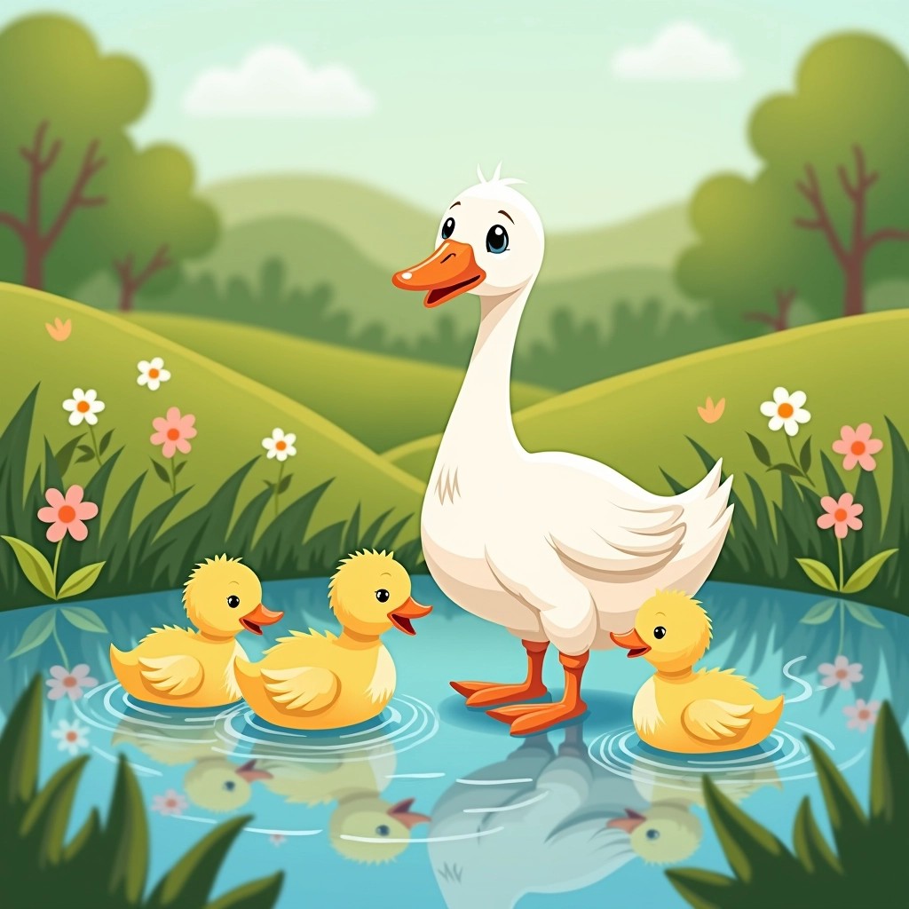 Create an image of a mother goose and her three goslings playing in a pond. Change the setting to a lush green meadow filled with taller grass and different flowers. The goslings should have slightly fluffier bodies and more playful expressions, splashing water as they swim around. The mother goose should have a gentle smile and a more elongated neck. Remove any brand references and keep the overall style whimsical and playful.