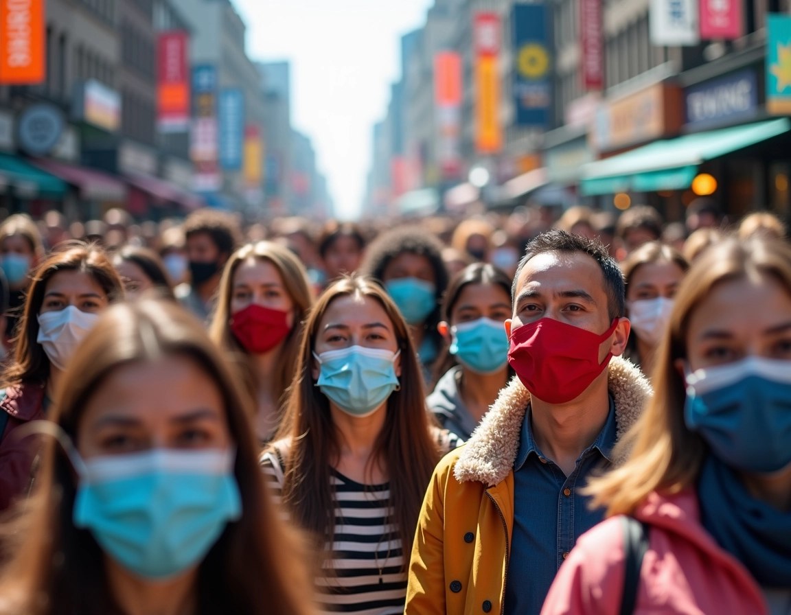 Create an image featuring a diverse crowd of people in a bustling urban setting, all wearing colorful face coverings instead of masks. The scene should be bright and dynamic, with individuals of varying ages and ethnicities, engaging in conversation or looking towards a common focal point in the distance. Remove any visible brand logos and focus on an atmosphere of unity and community.