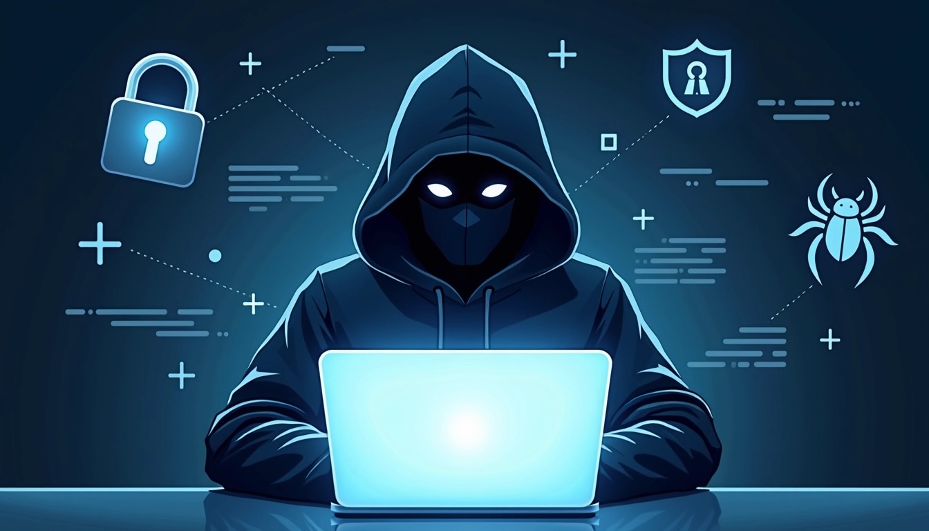 Create an illustration featuring a mysterious figure wearing a hood, sitting in front of a glowing laptop. The figure's face is partially obscured in shadow, creating an aura of intrigue.
Replace the existing background elements with abstract representations of digital security symbols, such as:
1. An open padlock to symbolize access.
2. A simplified shield icon for protection.
3. Abstract lines of code flowing in the background.
4. A generic bug icon representing software issues.
Use a dark blue gradient for the background, and make the laptop's screen emit a bright light. The figure can be depicted with focused eyes, enhancing the theme of digital exploration or hacking without direct brand references.