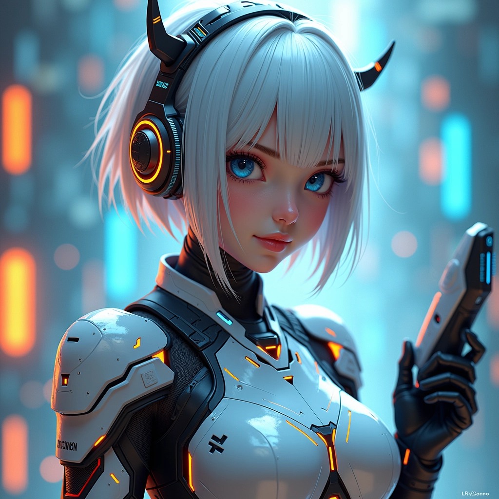 Create an image of a futuristic cyborg character with short, sleek silver hair and bright, luminescent circuitry visible on their skin. The character wears an intricate, metallic bodysuit with angular designs and vibrant blue and orange accents, but without any brand references. Instead of headphones, they have a unique headpiece resembling antennae that glows subtly. The background should be a swirling mix of blue and orange, creating an energetic, sci-fi atmosphere. The character holds a high-tech tool with a streamlined design, showing a confident expression.