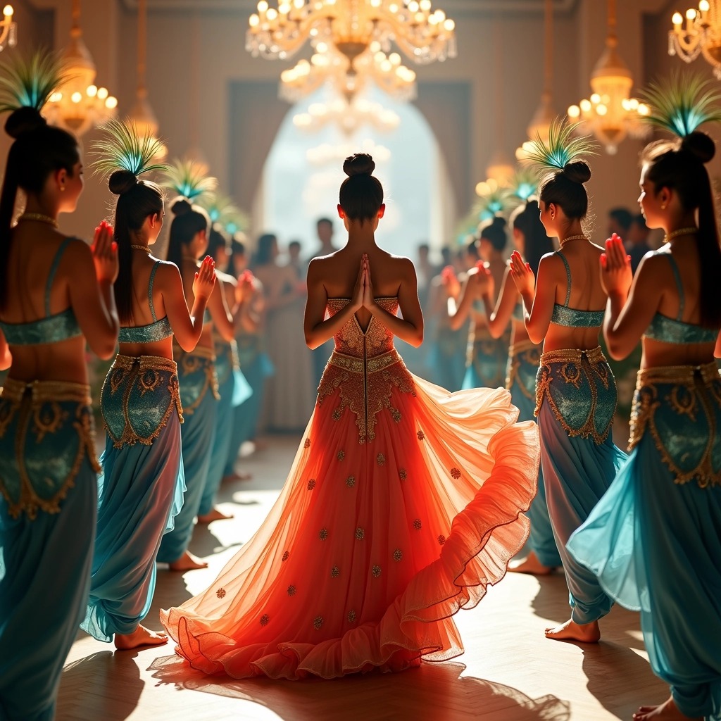 Create an image featuring the following elements:
1. **Setting**: A lavish indoor venue adorned with elegant chandeliers and floral decorations, set for a celebration.
2. **Main Subject**: A central figure in a vibrant, flowing gown with intricate patterns. The gown should feature a blend of warm colors like coral and gold.
3. **Dancers**: Surrounding the central figure are several performers dressed in elaborate outfits. Change their attire to shimmering blue and silver ensembles with geometric designs. Each dancer should have an ornate headpiece resembling peacock feathers.
4. **Pose**: The performers should be gracefully holding their hands in a prayer-like gesture, symbolizing respect and celebration.
5. **Background**: Include soft lighting that enhances the magical atmosphere, with guests mingling and enjoying the event in the background.
6. **Footwear**: The dancers should wear stylish yet comfortable footwear that complements their outfits.
Use this concept to visualize a grand celebration without any brand references.