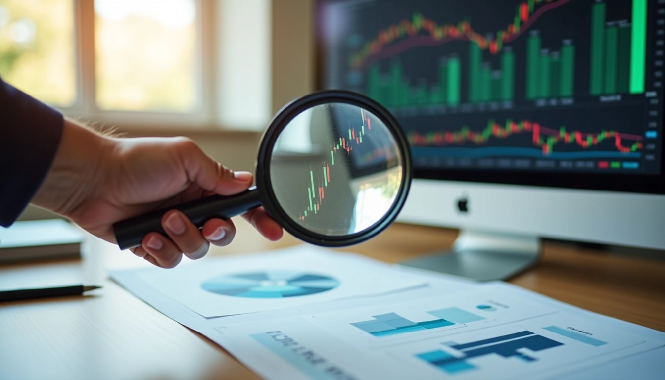 Create an image featuring a close-up of a hand holding a modern magnifying glass against a computer screen displaying abstract charts and graphs. The charts should include a mix of lines and bars in vibrant colors like green, red, and blue, without any branding. The background should be a softly lit office environment with natural light filtering in, and some documents with data scatter on the table beneath the computer. Focus on clarity and detail in the magnified section, illustrating specific data points.