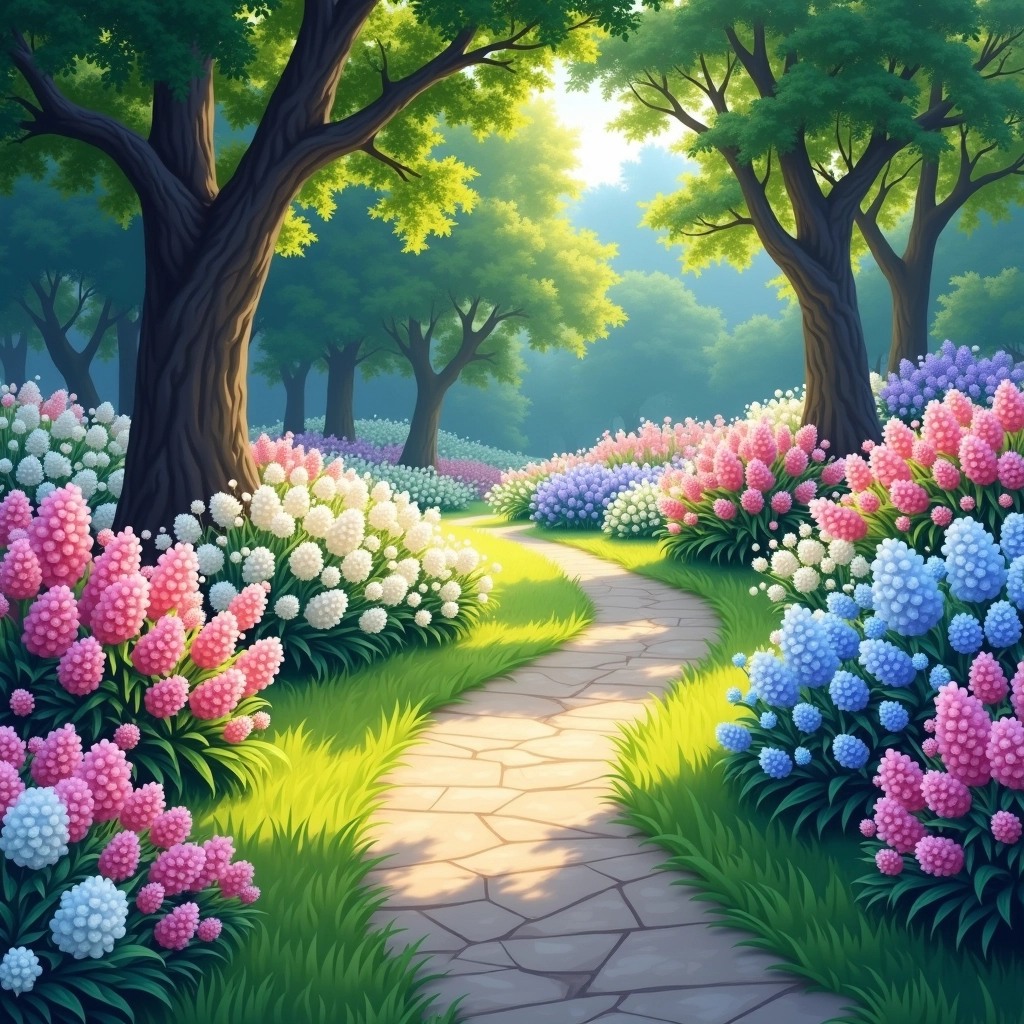 Create an image of a winding path through a vibrant garden scene. The path is bordered by clusters of pink and white flowers, interspersed with patches of lush green grass. In the background, large, leafy trees provide dappled sunlight. Enhance the color palette by including shades of bright blue and soft lavender for the flowers, while maintaining a serene, natural atmosphere throughout the design.