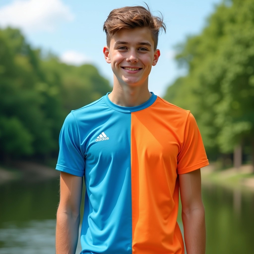 Create a design featuring a young person standing outdoors by a body of water. The individual wears a colorful, sporty shirt split vertically into two halves: one side in a bright blue and the other in a vibrant orange. Instead of brand logos, the shirt could have simple geometric patterns. The background should feature lush green trees and a clear sky, with the foreground emphasizing the serenity of nature, avoiding any specific brand references or identifiable logos.