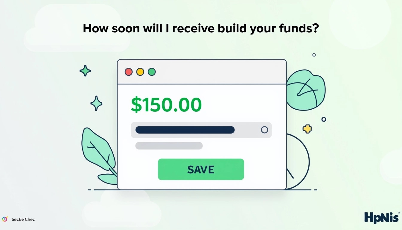 Create an image featuring a digital wallet with a balance of $150.00, accompanied by a question asking, "How soon will I receive my funds?" Use softer colors in the background and incorporate icons like a clock and a dollar sign, making sure to avoid any brand references or logos.