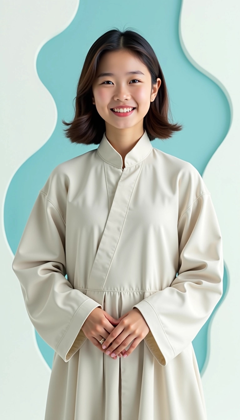 Create an image featuring a young person wearing a traditional outfit with a slightly different collar design and a lighter shade. Change the background to a soft gradient of light blue and white, incorporating abstract shapes for a modern touch. Remove any brand logos or text, and place the subject in a friendly, inviting pose, smiling at the camera.