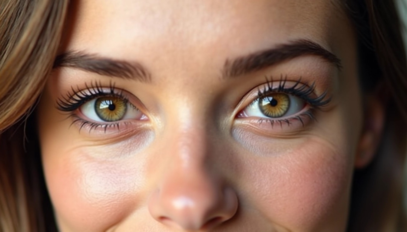Create an image featuring a close-up of a pair of eyes with hazel irises. Alter the shape of the eyebrows to be slightly more arched and change the eyelash length to appear more dramatic. The skin tone should be warm and even, and the background should be softly blurred to emphasize the eyes. Remove any branding elements from the image.