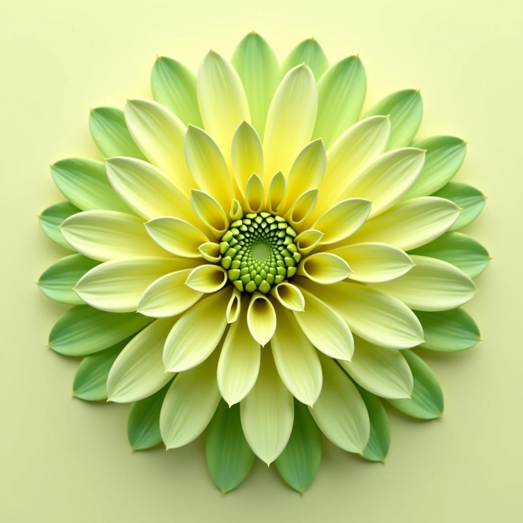 Design a close-up image of a flower with a radial symmetry, featuring layered, elongated petals that seamlessly blend from a light pastel yellow at the core to a deep forest green at the edges. Ensure the petals have a soft, glossy texture with subtle variations in shade for depth. The background should be a smooth gradient transitioning from cream to pale green, enhancing the flower's vibrancy.