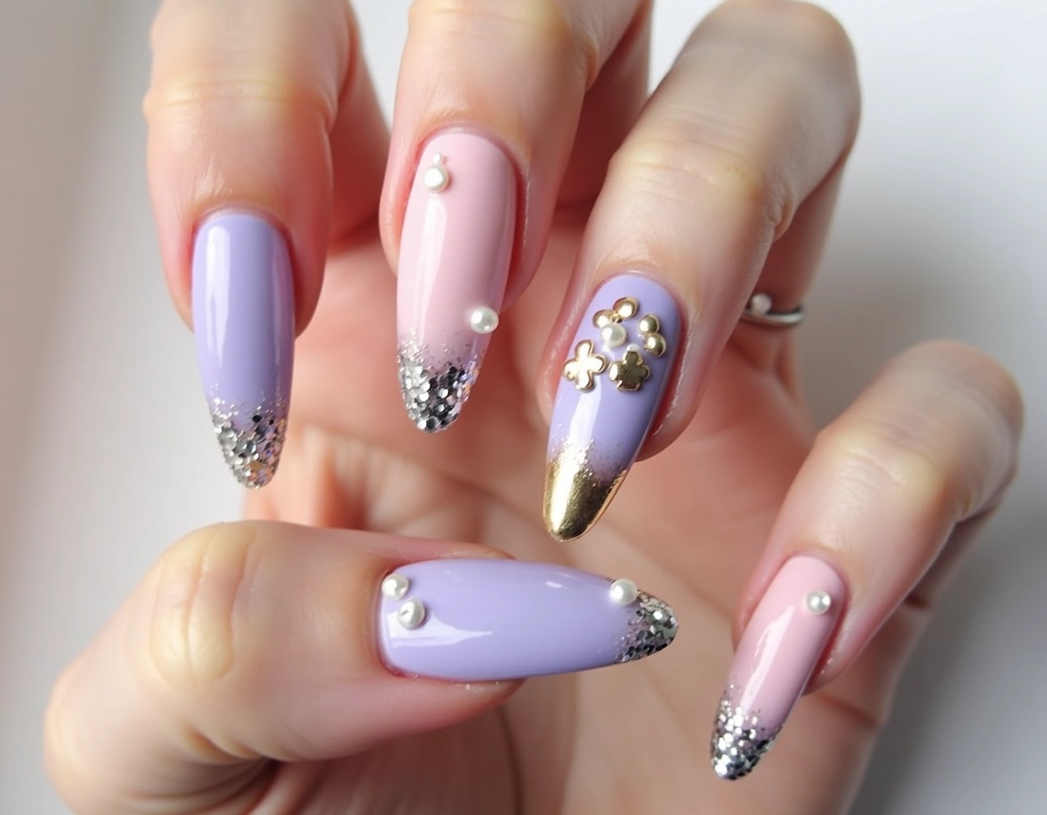 Create a design featuring long stiletto nails in a gradient of pastel colors, transitioning from pink to lavender. Incorporate chunky glitter accents in a mix of silver and gold at the tips. Each nail should have unique decorative elements, such as small pearls or floral charms, on one or two nails, and keep the background simple with a soft, neutral tone. Replace any metallic elements with matte finishes for a more understated look.