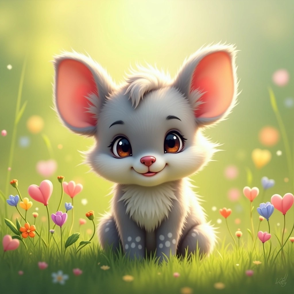 Design an image featuring a small, fluffy animal with large, rounded ears sitting in a vibrant green meadow. Adjust the animal's fur color to a soft, light gray with white spots. Add a background of gently blurred wildflowers in a variety of colors to create depth and enhance the sense of a lively, sunny environment. Ensure the animal's expression is curious and alert, looking directly at the viewer while surrounded by soft, green grass and delicate plant life.