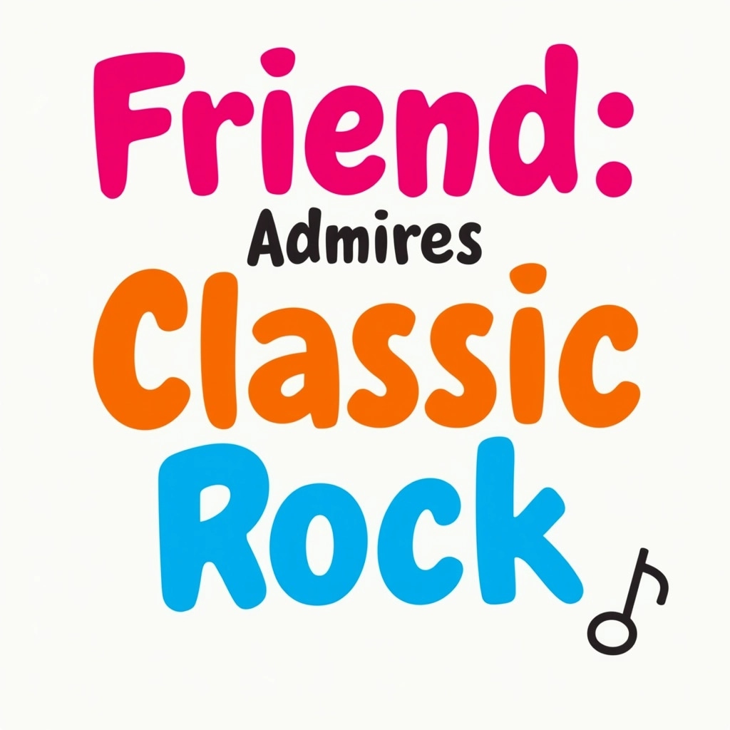 **Design Breakdown:**
- **Text Structure**: Three lines of text.
- **Line 1**:
- **Text**: "Friend"
- **Color**: Bright Pink
- **Font Style**: Bold and playful
- **Line 2**:
- **Text**: "Admires"
- **Color**: Vibrant Orange
- **Font Style**: Slightly larger, bold
- **Line 3**:
- **Text**: "Classic Rock"
- **Color**: Electric Blue
- **Font Style**: Bold and slightly larger than Line 1
**Layout**: Centered alignment with equal spacing between lines for balance. Consider using a fun, modern font to keep it engaging while ensuring legibility.