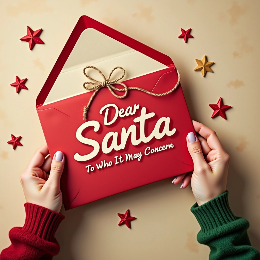 Create an image featuring:
- A hand holding a bright red envelope with a simple festive design.
- The envelope is tied with a twine or string and has a rustic appearance.
- A cozy, warm background with a vintage paper texture.
- Instead of snowflakes, use stars in different colors scattered around the image.
- Replace "Dear Santa" with "To Whom It May Concern" in a playful, bold font.
- The color scheme should be warm and inviting, focusing on reds, greens, and creams.