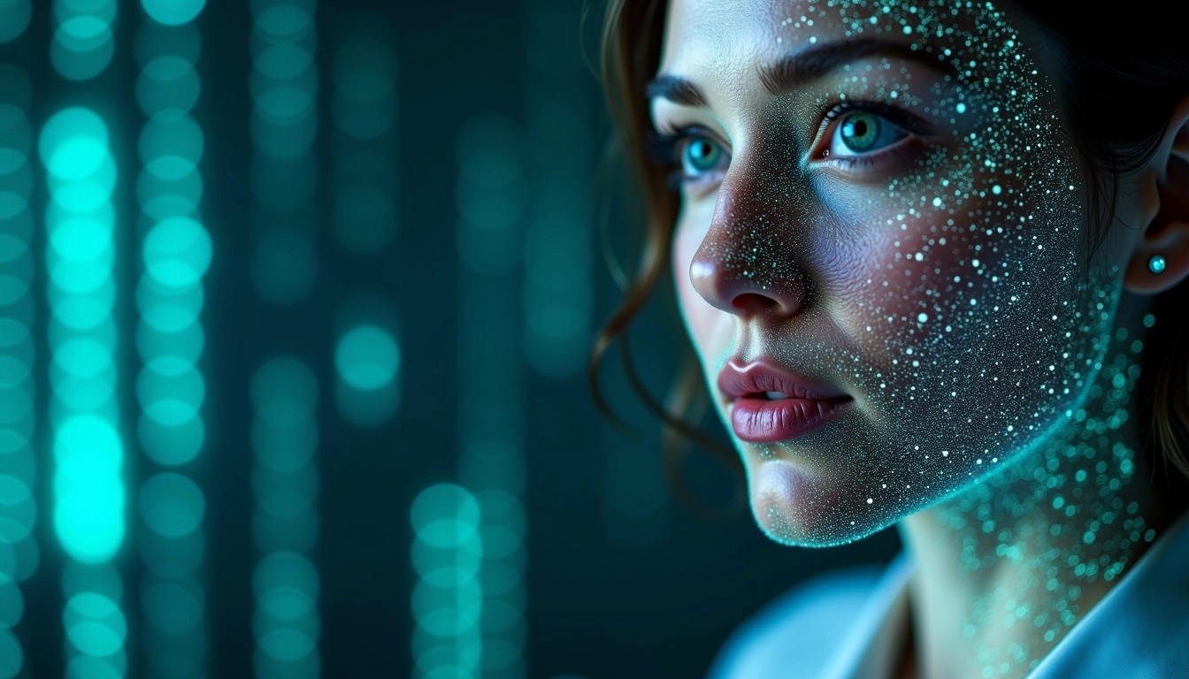 Create an image featuring a close-up of a person's face, with one half of the face displaying a digital network overlay that resembles a mesh or wireframe. The other half should retain a natural appearance. The background should feature abstract blue and green light patterns, giving a technological feel, while also including binary code fading into the background. Ensure no brand elements are present and adjust the facial features slightly for uniqueness.
