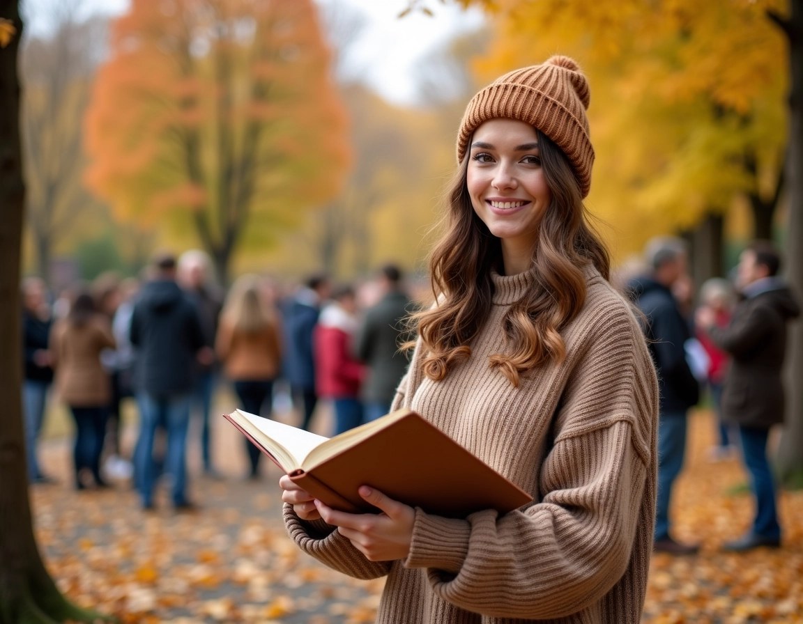 Create an image of a person standing in a park, holding an open notebook. They are wearing a cozy, oversized sweater and a beanie, with their hair styled in loose waves. The background features a lively gathering of people engaged in conversation, surrounded by trees with golden autumn leaves. The atmosphere is warm and inviting, capturing a sense of community and creativity. The focus should be on the person and their notebook, conveying a peaceful yet vibrant environment.