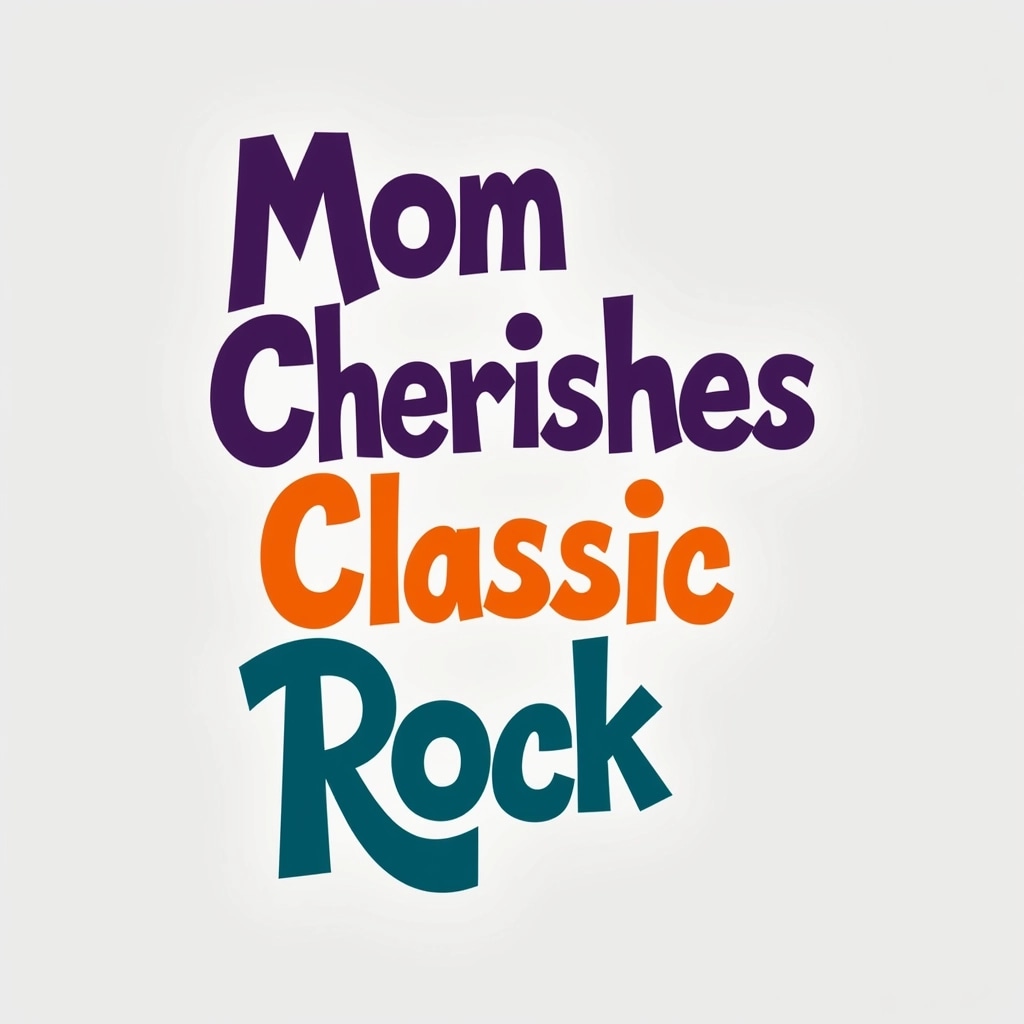 **Image Design Prompt:**
- Text: "Mom"
- Font Style: Bold, playful font
- Colors:
- "Mom" in bright purple
- "Cherishes" in vibrant orange
- "Classic Rock" in deep teal
- Layout: Centered with "Mom" at the top, "Cherishes" in the middle, and "Classic Rock" at the bottom, all stacked vertically.
- Background: Soft light gray to enhance text visibility.
Feel free to adjust features as necessary!