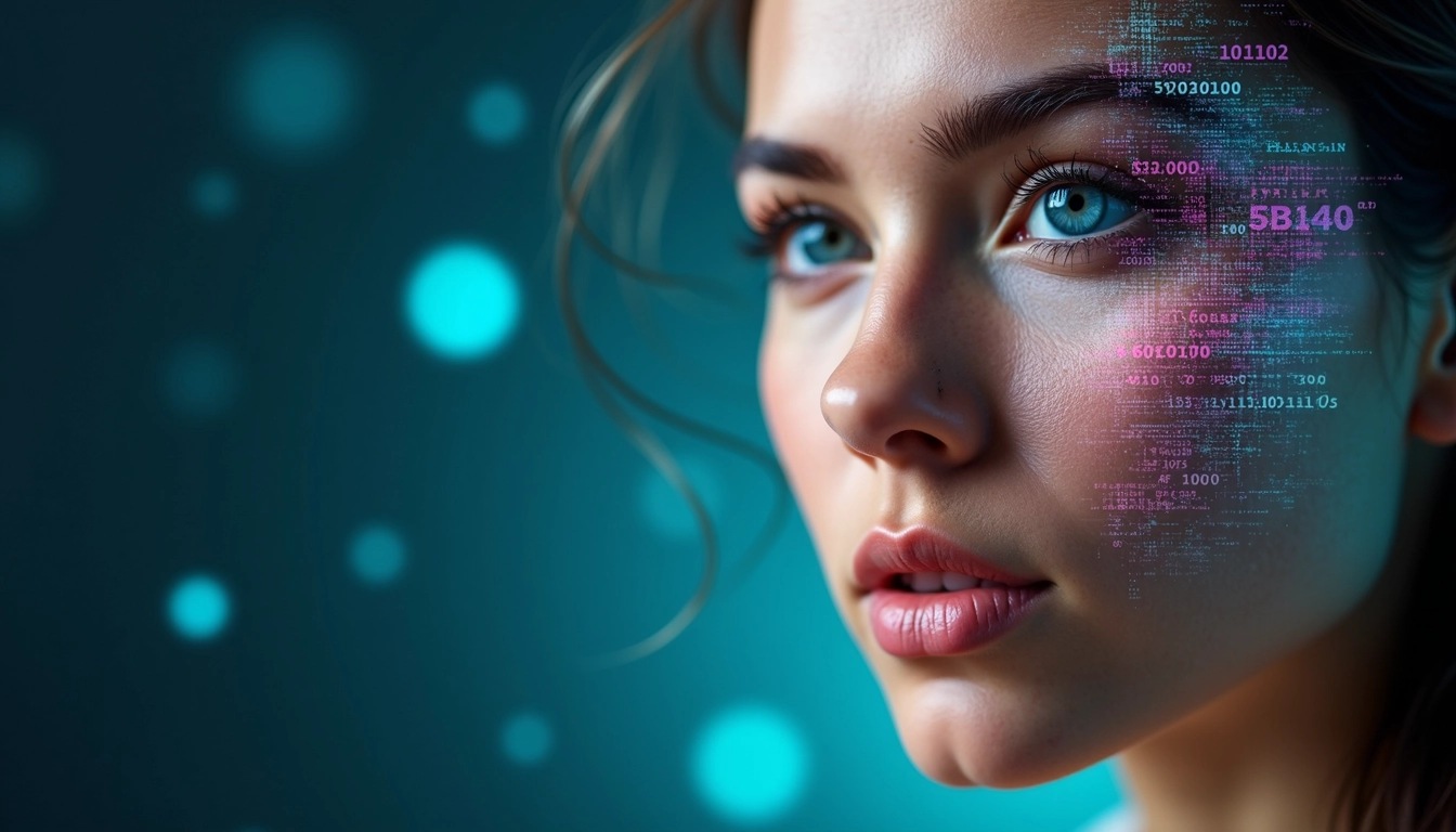 Create an image featuring a close-up of a person's face with a digital overlay. Instead of the existing design, modify the left side of the face to display a vibrant geometric pattern, resembling a circuitry or network design. Change the background to a gradient of dark blue to teal, with abstract shapes subtly visible. Remove any numeric or binary code, opting for pulsating light effects instead. Keep the overall focus on the facial expression, showcasing a serene yet curious demeanor.