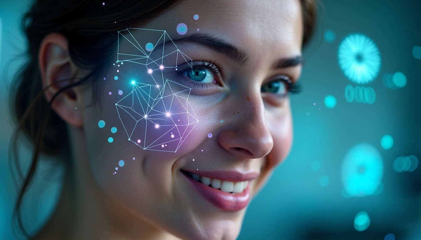 Create an image featuring a close-up of a person’s face with a soft, blurred background. On one half of the face, overlay a geometric wireframe design that represents facial recognition technology while incorporating glowing elements in shades of teal and purple. In the background, include abstract digital patterns or symbols—avoiding any brand references—with a mix of binary code and circuit-like designs. The overall mood should convey a sense of innovation and technology, while maintaining a warm and inviting expression on the person's face.