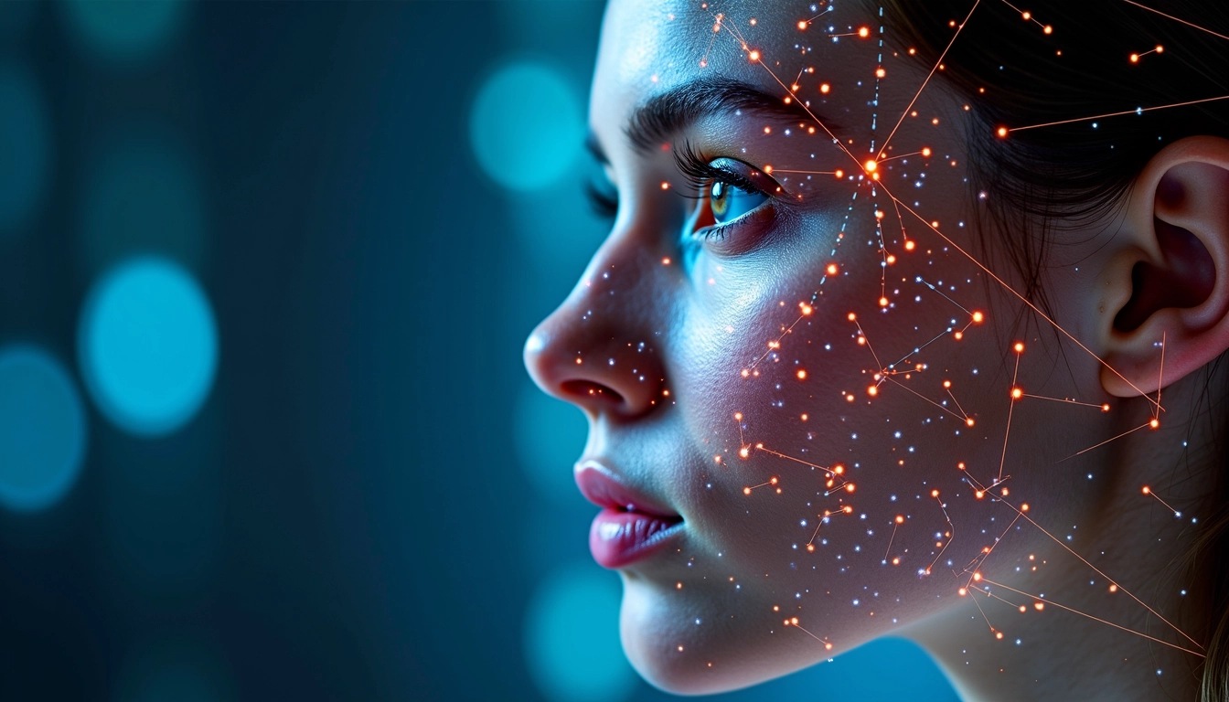 Create an image featuring a close-up of a person's face showing a side profile with a geometric overlay, similar to a digital representation of facial recognition technology. The left side of the face should remain natural while the right side displays a network of interconnected lines and nodes, symbolizing technology. Instead of binary code in the background, use abstract, colorful digital patterns to suggest data flow. Replace the facial features with a more stylized representation, perhaps incorporating vibrant colors or unique shapes, making the image feel more futuristic and less focused on a specific individual. Remove any brand logos or references.