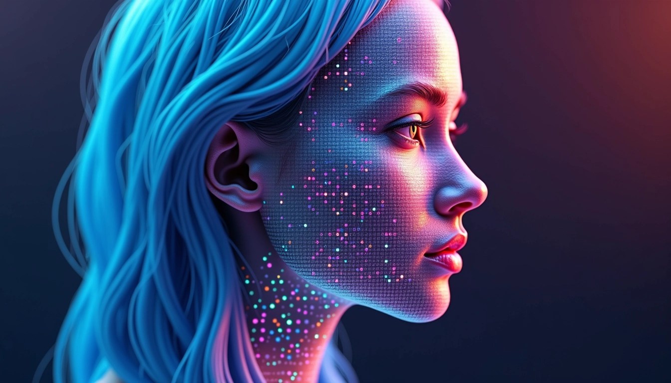 Create an image of a human face with one half displaying a geometric overlay that represents facial recognition technology. Instead of binary code, use colorful abstract patterns in the background. Change the hair color to a vibrant blue and use a soft gradient for the background, blending from dark purple to light blue, to enhance contrast and visual interest. Remove any brand references visibly present in the original design. Ensure that the geometric overlay has a slightly different pattern and emphasizes a futuristic aesthetic.