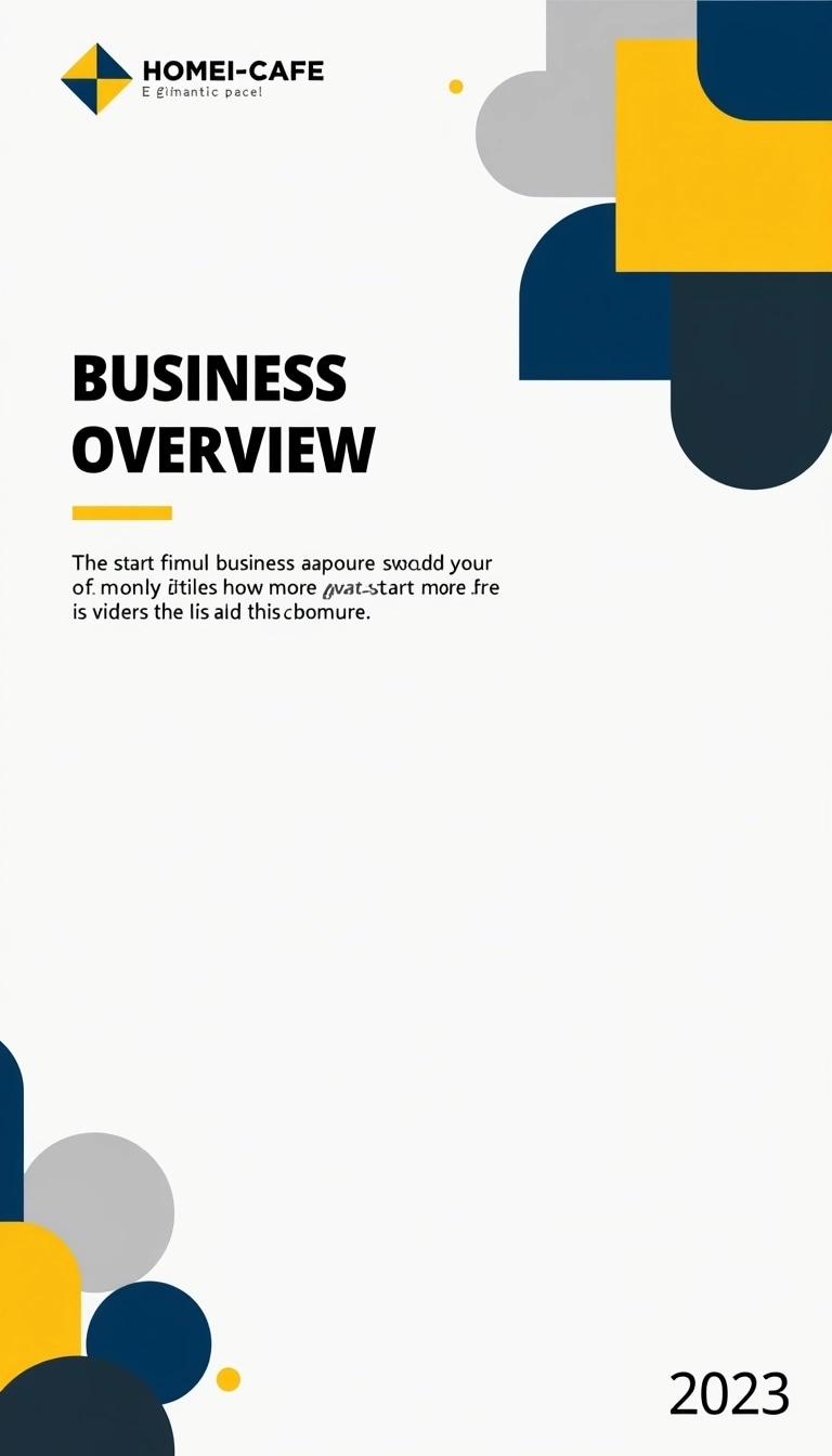 Create a cover design for a company profile featuring a minimalist layout with geometric shapes. Use a mix of bold colors like blue, yellow, and grey. In the top left corner, place a simple placeholder for a logo. The title "BUSINESS OVERVIEW" should be prominent and centered at the top. Below the title, include a brief tagline using a clean, modern font. At the bottom right corner, feature the year "2023" in a smaller size. Ensure the background is white to maintain a fresh and professional appearance.