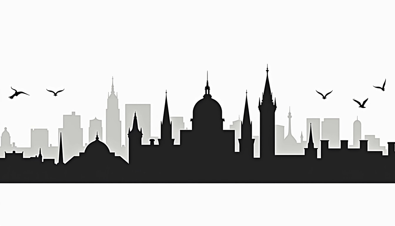 Create a simplified skyline silhouette featuring various architectural elements, including a large dome and several spires, but with a mix of modern and traditional styles. Add subtle variations in the height and shape of the buildings to create visual interest. Instead of a brand name, include a generic city name at the bottom in a bold, sans-serif font. Use a minimal color palette, primarily black for the skyline against a white background, with hints of light gray for distant structures. Incorporate a few stylized birds in the sky for added detail.