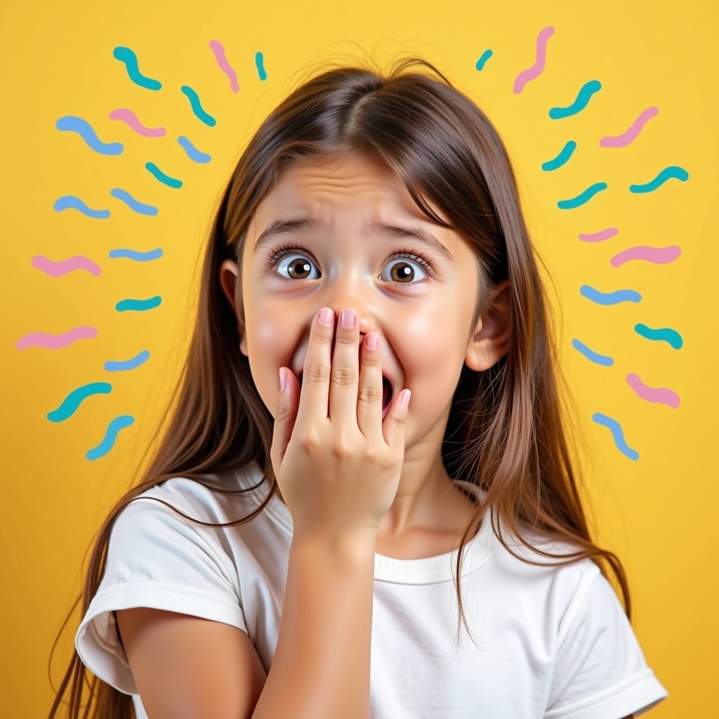 Create an image featuring a young individual with straight hair, holding their hand over their mouth in surprise. Change the color background to a soft yellow and use playful, curved lines in pastel colors to surround the figure. Instead of bold text elements, add whimsical, hand-drawn doodles around the individual, suggesting excitement. Make sure the overall color palette is bright and cheerful.