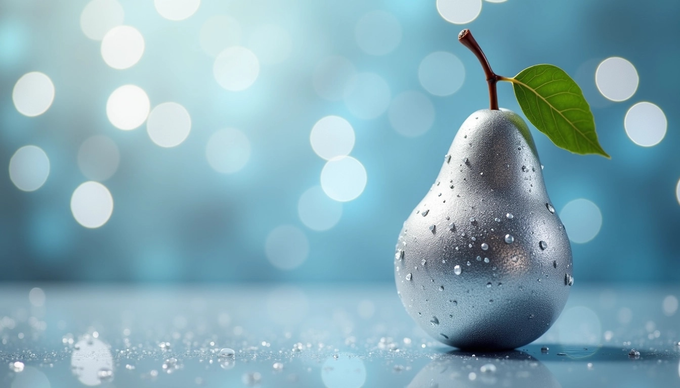 Create an image featuring a shimmering silver pear on a reflective surface, surrounded by a blur of soft blue and white bokeh lights. The pear should have droplets of water on its surface, and a small green leaf attached to its stem. The background should be filled with gentle sparkles to enhance the dreamy atmosphere, while maintaining a clean and elegant aesthetic.