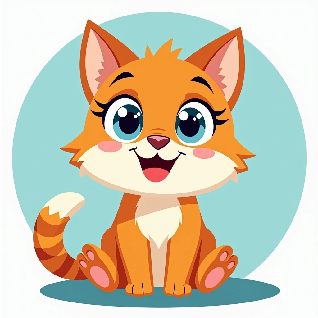 Create an illustration of a cheerful cartoon cat with large, sparkling eyes and a playful expression. The background should feature a pastel blue circle. The cat should have a fluffy tail and patches of orange and white fur. Instead of a dog, give it small, triangular ears and replace the smile with a wide, quirky grin. Remove any brand elements or specific character references.