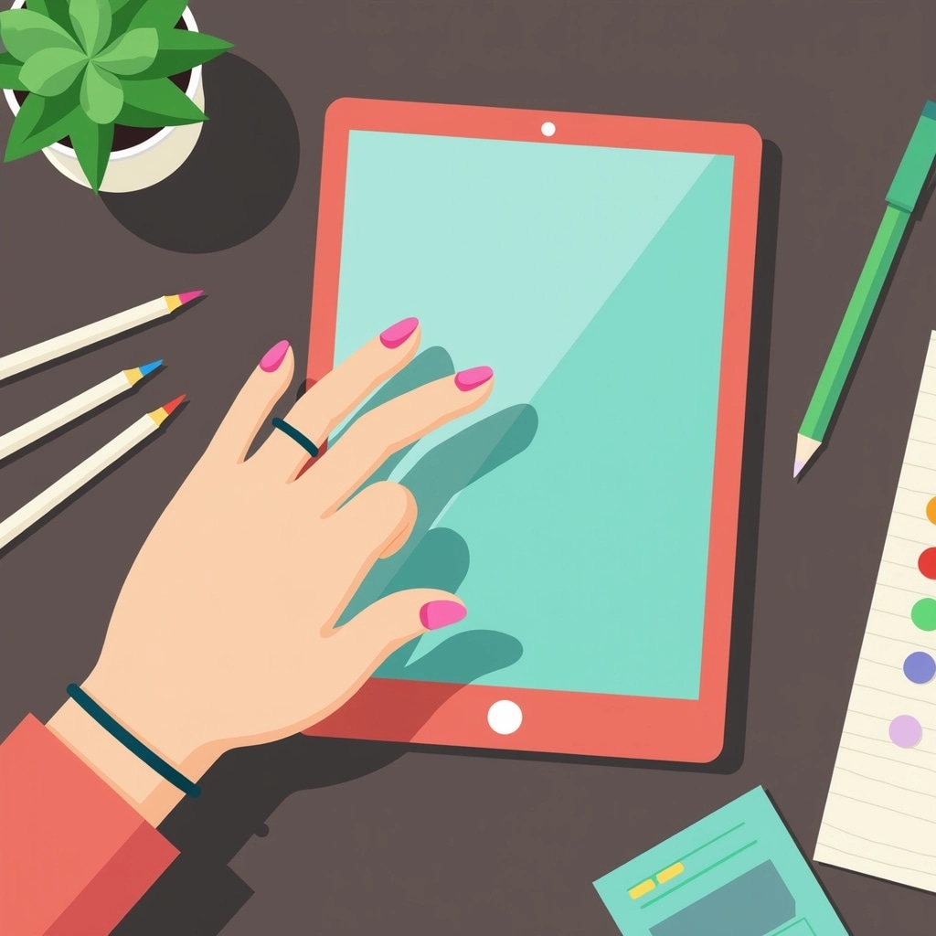**Design Breakdown Prompt:**
1. **Device Type**: Replace the smartphone with a tablet.
2. **Hand Position**: Modify the hand gesture to show a person scrolling on the tablet with more fingers engaged.
3. **Color Scheme**: Change the casing of the device to a vibrant color, such as teal or coral.
4. **Background Elements**: Introduce a more casual setting with a few plants and art supplies scattered on a desk.
5. **Wrist Bracelet**: Alter the bracelet to something more minimalistic and modern, like a metal cuff.
6. **Screen Content**: Instead of a blank screen, design a visually engaging interface with colorful icons or a webpage open.
7. **Lighting**: Make the lighting softer to create a cozy, inviting atmosphere.
These adjustments should create a fresh yet familiar visual without referencing any specific brands.