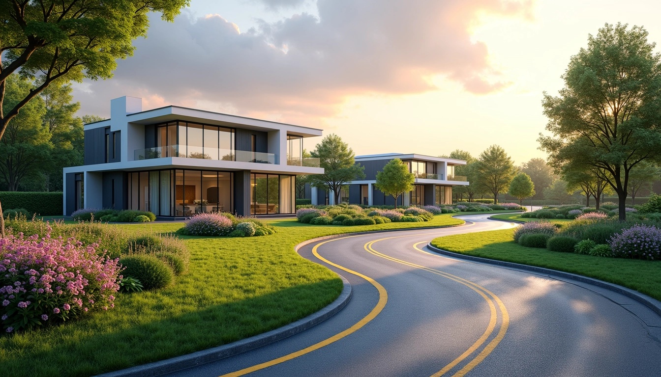 Create a landscape image featuring a winding road that curves gently through a serene park setting. Replace the architectural elements with modern, minimalist buildings featuring large windows, while ensuring they integrate harmoniously with nature. Introduce vibrant greenery and flowering plants along the road, enhancing the picturesque view. Alter the color of the road markings to a bright shade of yellow, and soften the lighting to evoke a calm, early evening ambiance with pastel skies.
